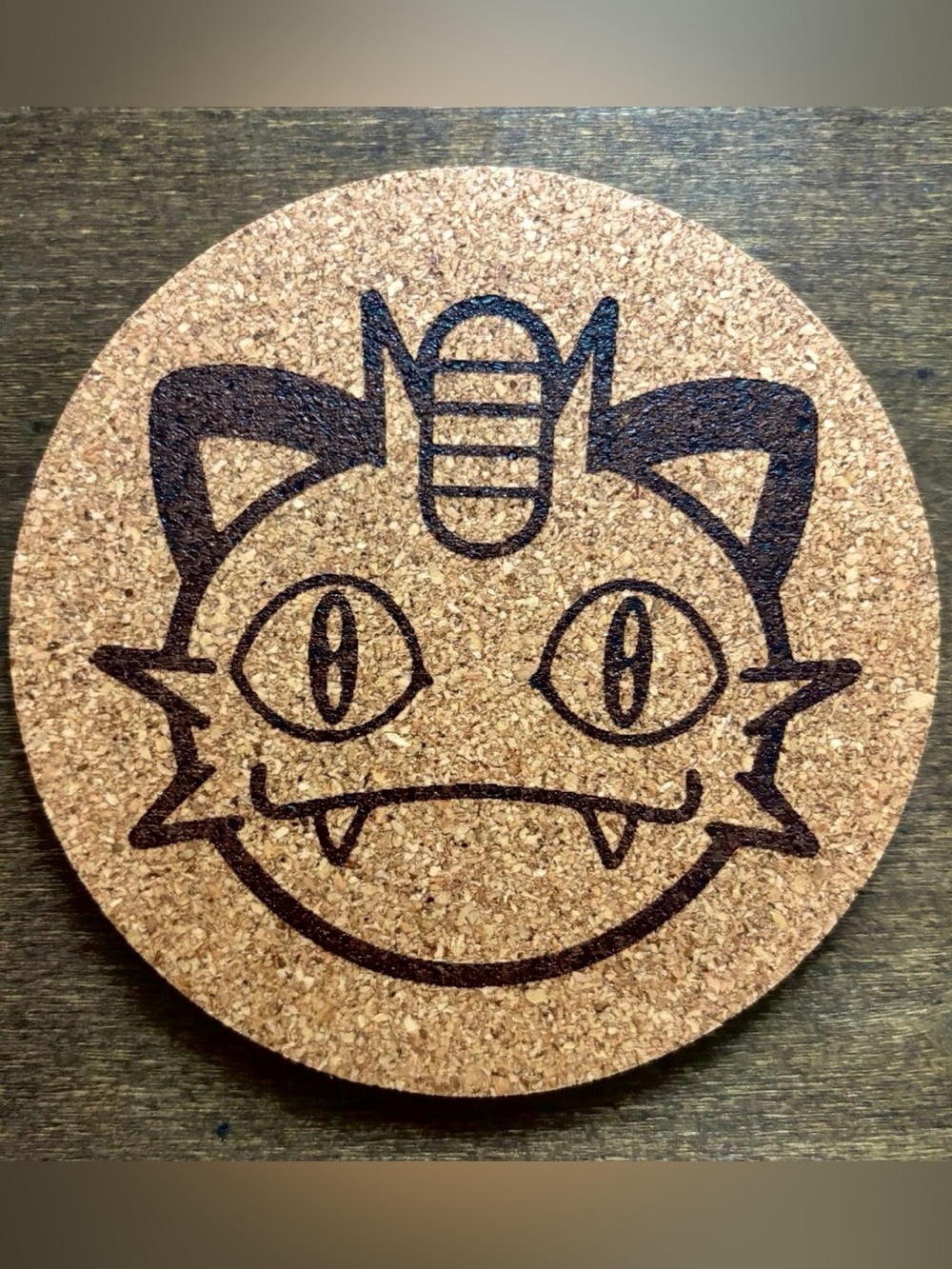 Pokemon Meowth Face Laser Engraved Cork Coaster